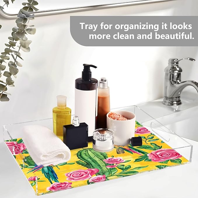 Serving Tray with Handles Clear Acrylic Tray 12x16 Inch Decorative Rectangular Tray Organizer for Ottoman Coffee Table Bathroom Yellow Cute Cacti Parrots and Roses