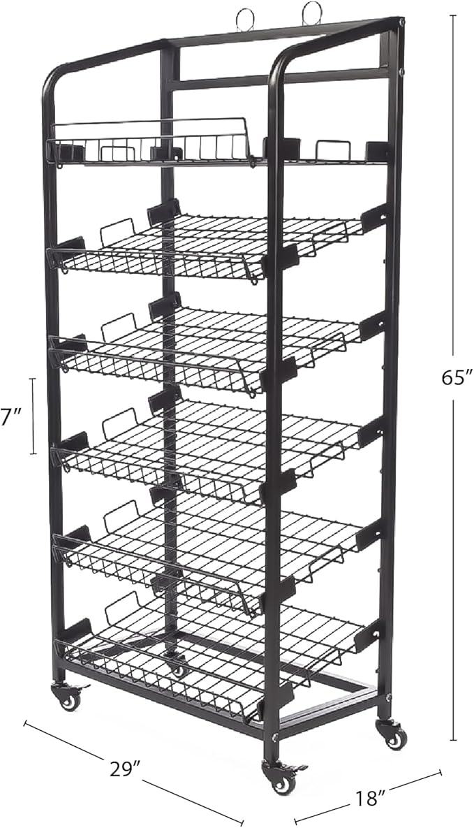 6-Tier Metal Bakery Display Rack with Wheels & Sign Holder – 29″W x 18″D x 65″H Adjustable Wire Shelves – Powder-Coated Rolling Stand for Store, Café, Farmers Market – Easy Assembly