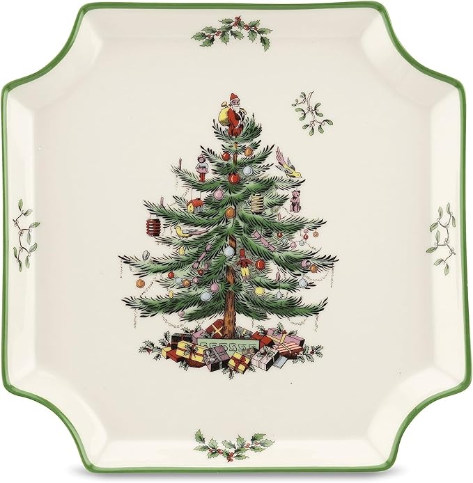 Spode Christmas Tree Canape Plate - 8" Holiday Serving Dish for Appetizers, Desserts, Treats - Fine Porcelain with Green Border, Dishwasher Safe - Ideal Christmas Tableware