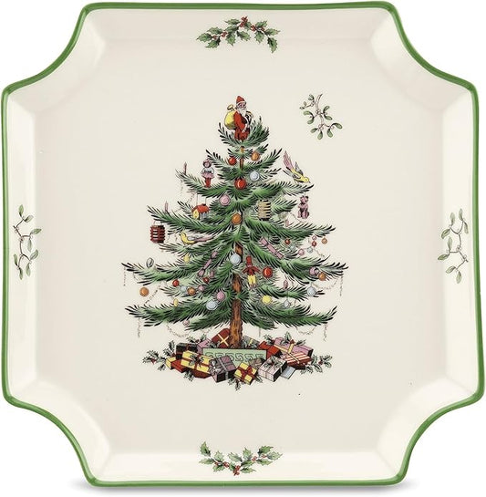 Spode Christmas Tree Canape Plate - 8" Holiday Serving Dish for Appetizers, Desserts, Treats - Fine Porcelain with Green Border, Dishwasher Safe - Ideal Christmas Tableware