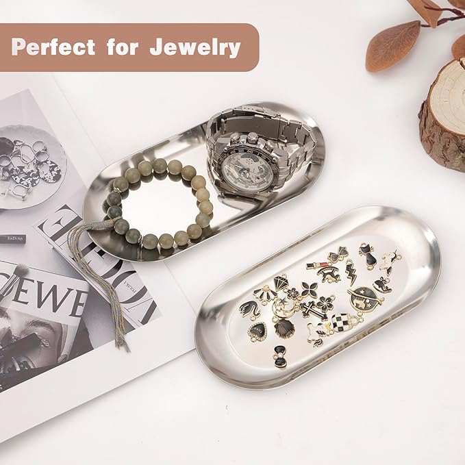 10 Pack Stainless Steel Decorative Tray, Thicken Silver Decorative Tray 7 inch, Oval Jewelry Dish Bathroom Vanity Tray Small Serving Tray Candle Holder Cosmetics Tray Perfume Tray