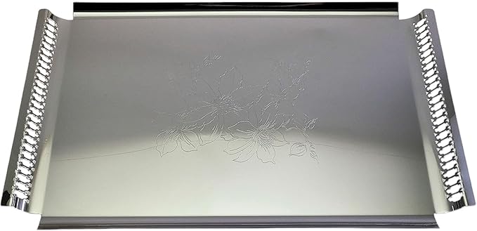 (Pack of 2 18.9 inch x 11.9 inch Rectangular Chrome Plated Silver Serving Tray with Handles Stylish Floral Engraved Party Wedding Dessert Buffet Decor Platter Plate NC-113
