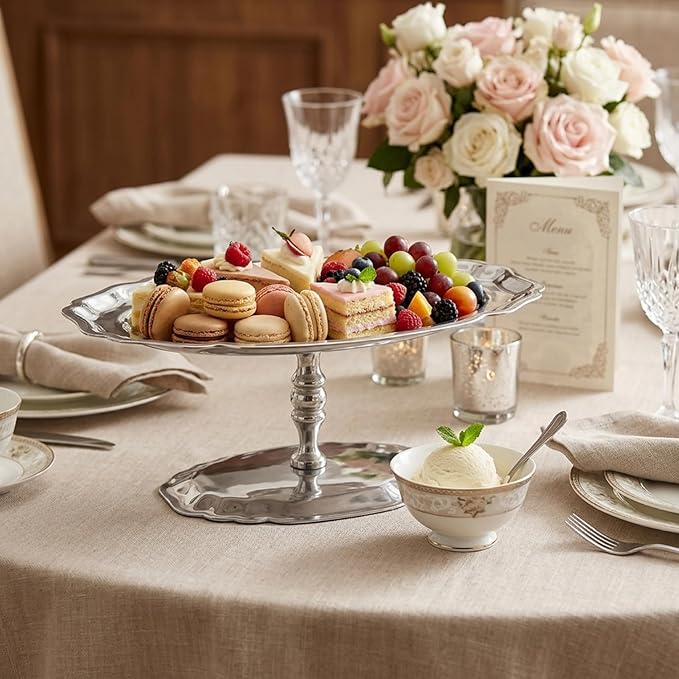 Elegant Oval Silver Serving Tray with Footed Base, 304 Stainless Steel Display Serving Platter for Desserts, Fruit, Snacks