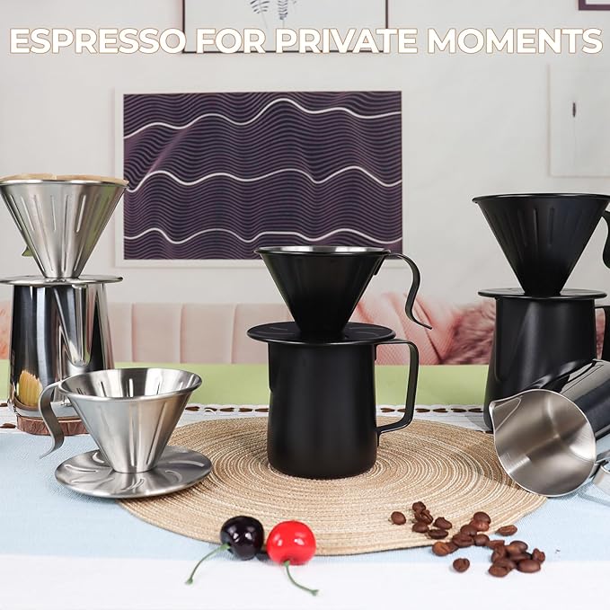 Uncoated Pour Over Coffee Maker 350ml Milk Frothing Pitcher 304 Thickened Stainless Steel Drip Coffeemaker Set with 50pcs V60 Cone Paper Filters Hand Brew Dripper Carafe for Home Camping Travel 12oz
