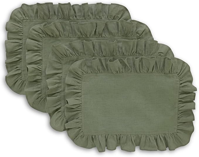 Solino Home Linen Placemats Set of 4-100% Pure Linen Oil Green Placemats 14 x 19 Inch - Gabrielle Ruffle, Handcrafted and Machine Washable - Christmas, New Year