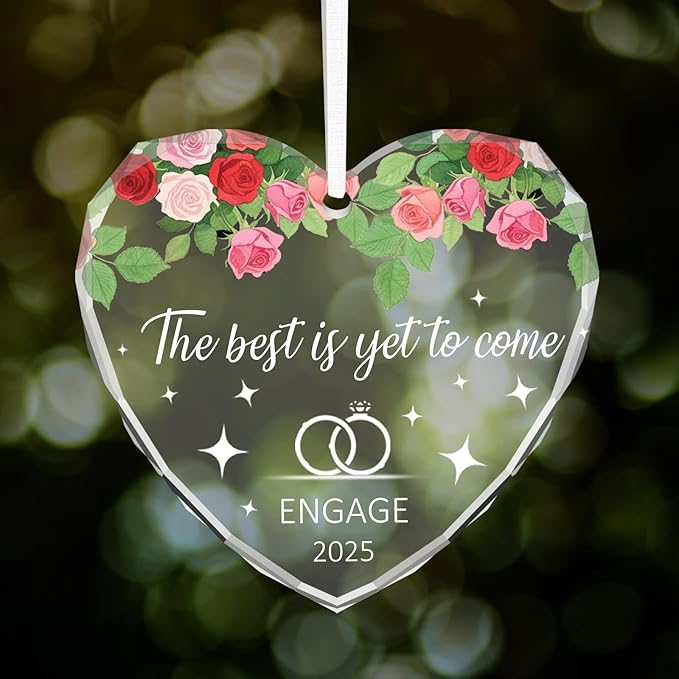 Engagement Gifts for Couples 2025 - First Christmas Just Engaged Ornament for Bride to Be Gifts,Heart Shaped Glass Keepsake for Couples Newly Engaged, Fiance, Women, Her (Red)