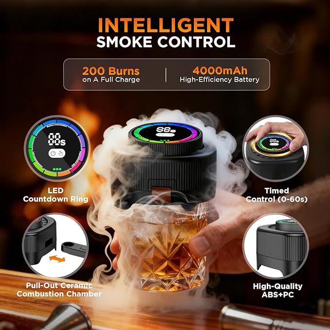 Electric Whiskey Smoker Kit with 0-60s Adjustable Timer, No Butane Needed, Cocktail Bourbon Drink Smoker Infuser Kit Smoke Whisky Set - 6 Wood Chips Flavors, Birthday Gifts for Men,Dad,Husband, Square