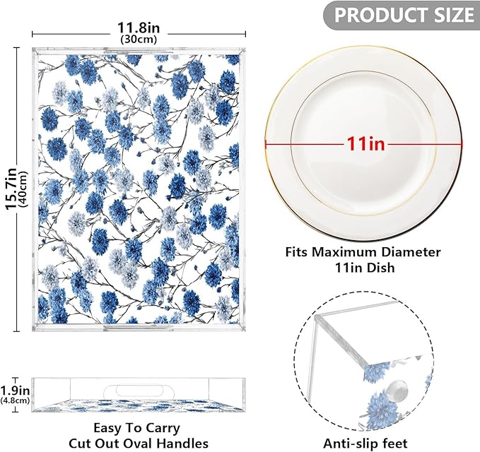 Serving Tray with Handles Clear Acrylic Tray 12x16 Inch Decorative Rectangular Tray Organizer for Ottoman Coffee Table Bathroom Washable Chinese Style Cornflower