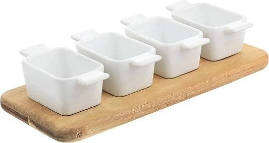 Gibson Elite Gracious Dining 5 Piece Fine Ceramic Tidbit Dish Set with Acacia Wood Base