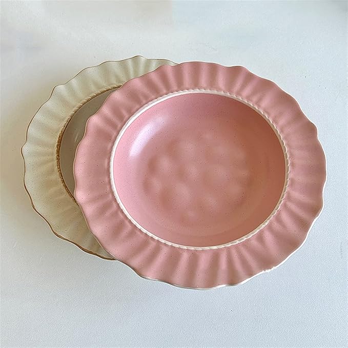 Plates Ceramic Lace Dining Plate Home Dinner Deep Plate Restaurant Cafe Dessert Plate Salad Disc Solid Color Flat Plate Simple Ceramic Disc Side Plate(Pink), ZCL2024