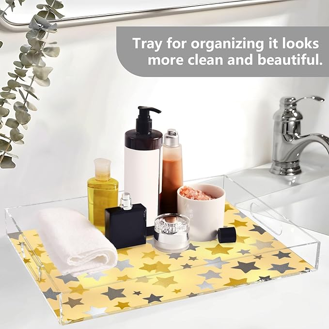 Serving Tray with Handles Clear Acrylic Tray 12x16 Inch Decorative Rectangular Tray Organizer for Ottoman Coffee Table Bathroom Cute Silver and Golden Stars