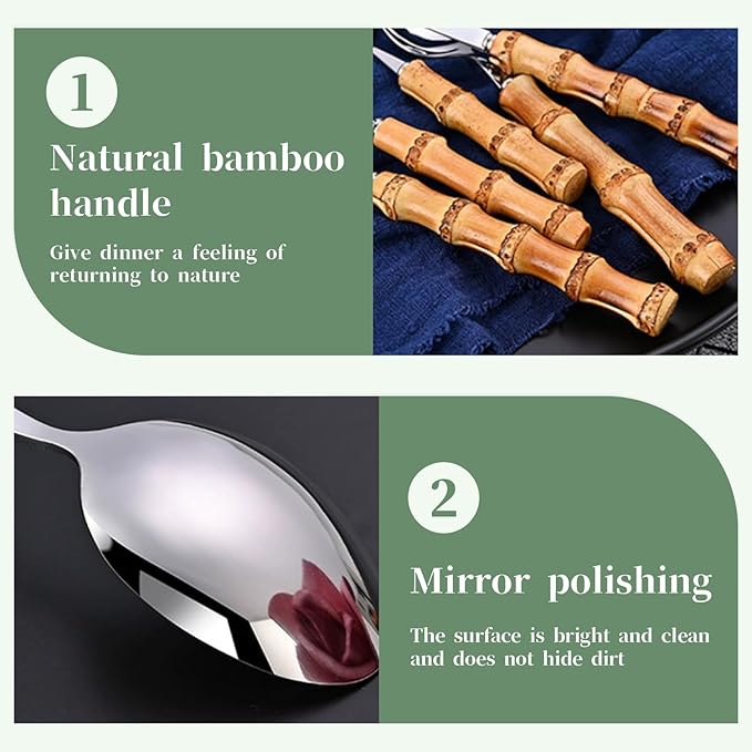 bamboo handle flatware sets for 8, 40 Piece Natural bamboo handle cutlery sets, silverware sets, dinnerware tableware set, Mirror Finished (40-Piece for 8)