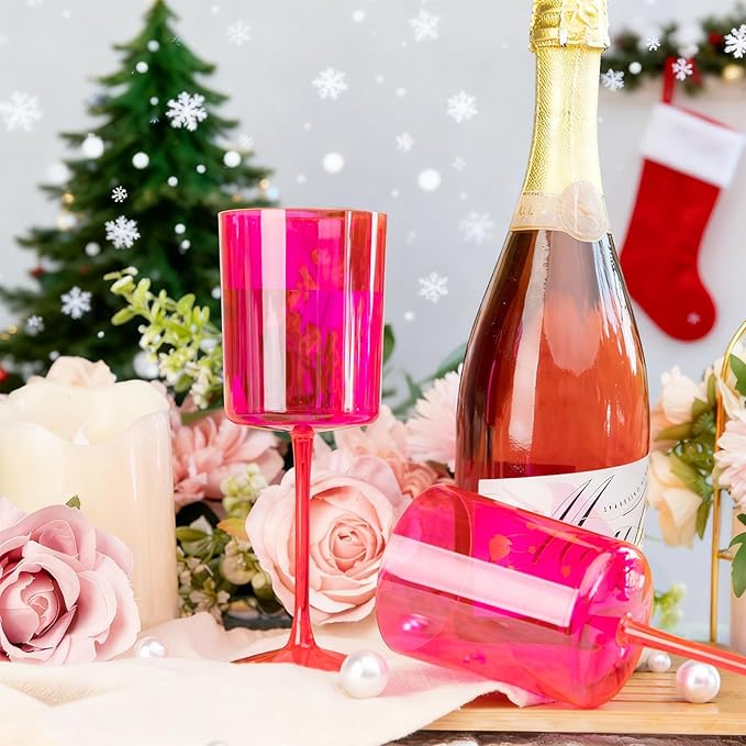 Ciaell 12 Pack Plastic Wine Glasses - 10Oz Hot Pink Plastic Wine Glasses With Stem - Disposable Stemmed Cups for Parties & Weddings