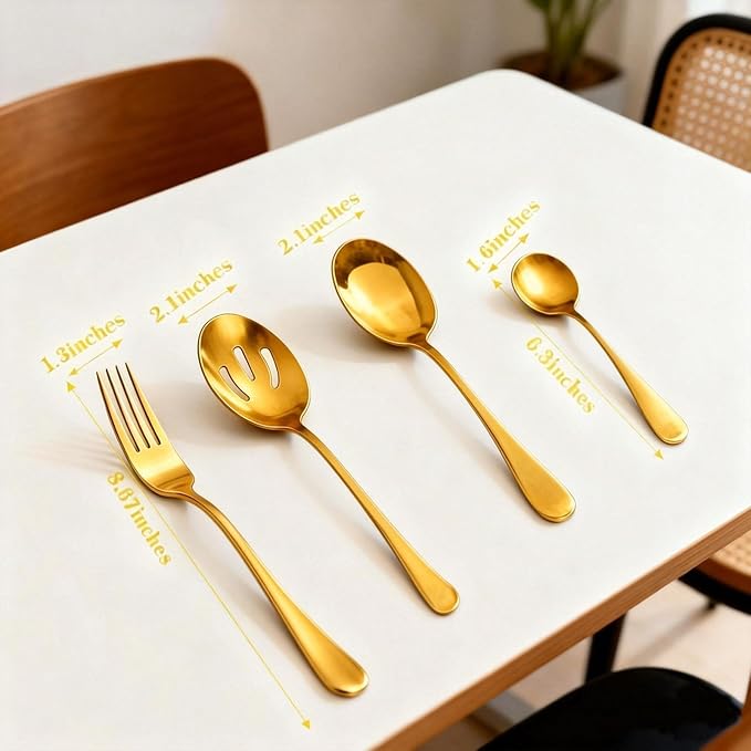 8 Pcs Stainless Steel Serving Utensil Large Spoons Forks Tongs, Ice Suger Tongs, Cake Server，Butter Knife for Hostess Buffet Catering Banquet Party，Gold