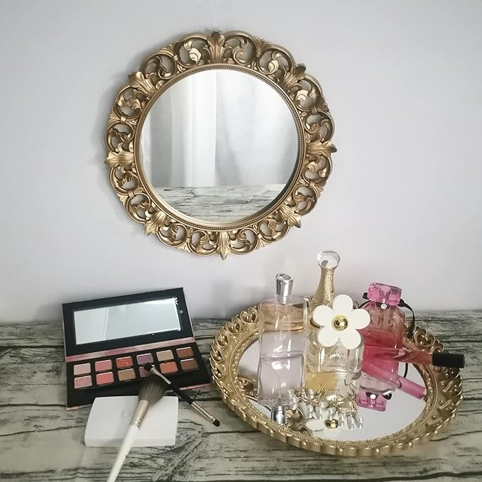 Hamphinee Crown Mirror Tray, Dresser Organizer Tray，Decorative Perfume Mirror Tray, Serving Tray, 12”X12, Gold