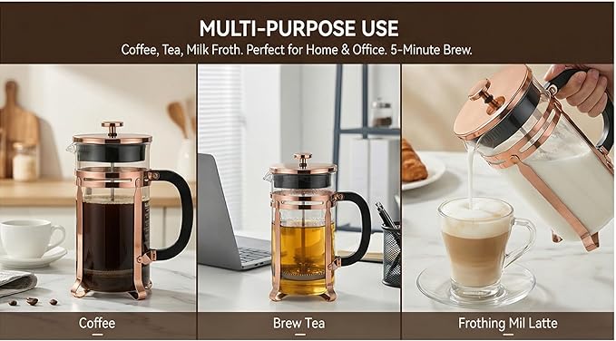 Coffee Maker 304 Stainless Steel French Press with 4 Filter, Heat Resistant Durable, Borosilicate Glass Coffee Press, 100% BPA Teapot, 34ounce, copper