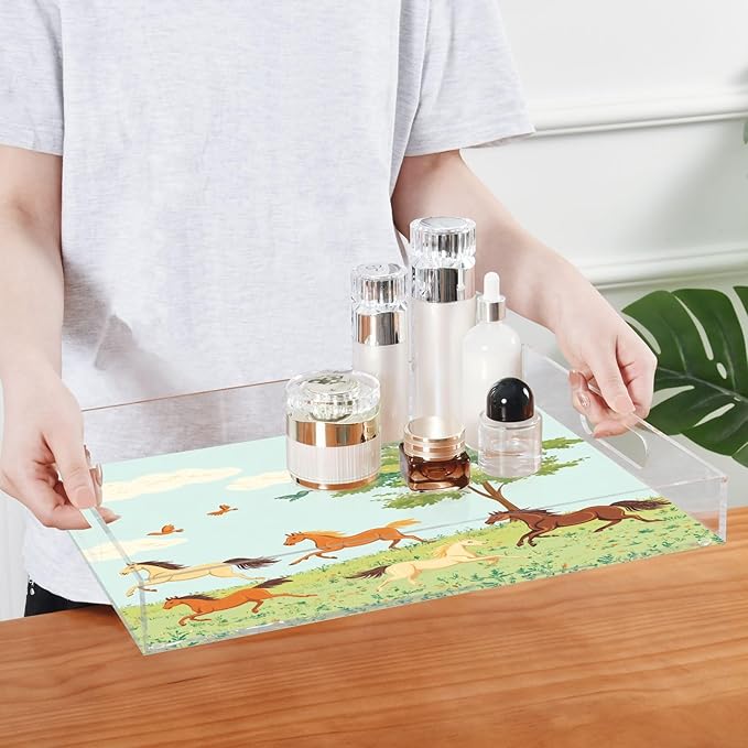 Serving Tray with Handles Clear Acrylic Tray 12x16 Inch Decorative Rectangular Tray Organizer for Ottoman Coffee Table Bathroom Horses Bird and Grassland Tree