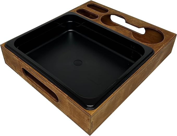 Wooden Serving Tray with Cup Holder - Coffee Table Rustic Cookie Caddy – Drink Tray - Couch Organizer - Ottoman Stand Caddy for Food - Snack Holder for Movie and Game Nights