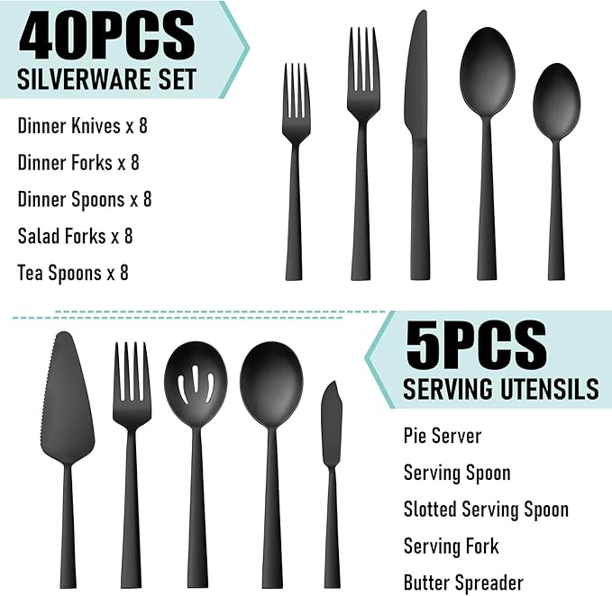 VeSteel 45Pcs Matte Black Silverware Set with Serving Utensils, Stainless Steel Flatware Set Service for 8, Metal Cutlery Eating Utensils Tableware Includes Forks/Spoons/Knives/Hostess Set
