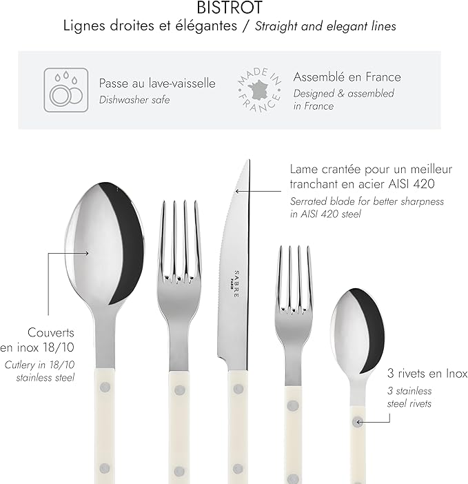 SABRE PARIS - 5-Piece Flatware Set - Bistrot Collection - Knife, Fork, Soup Spoon, Teaspoon & Dessert Fork - Stainless Steel & Nylon - Dishwasher Safe - Ivory - Brilliant Finish
