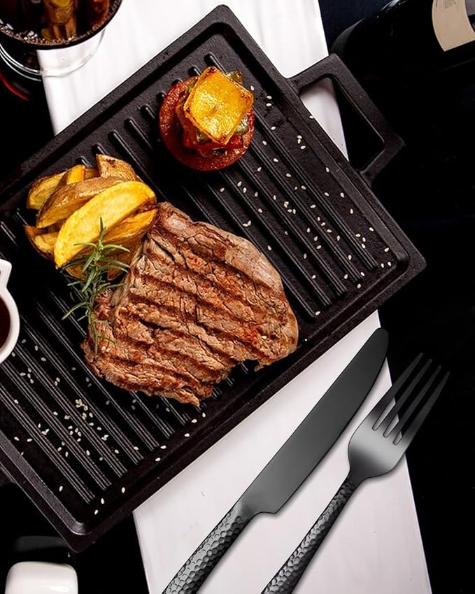 EUIRIO 40-Piece Black Hammered Silverware Set, Stainless Steel Black Flatware for 8, Mirror Polished Tableware Cutlery Set for Home and Hotel, Includes Forks, Spoons and Knives, Dishwasher Safe