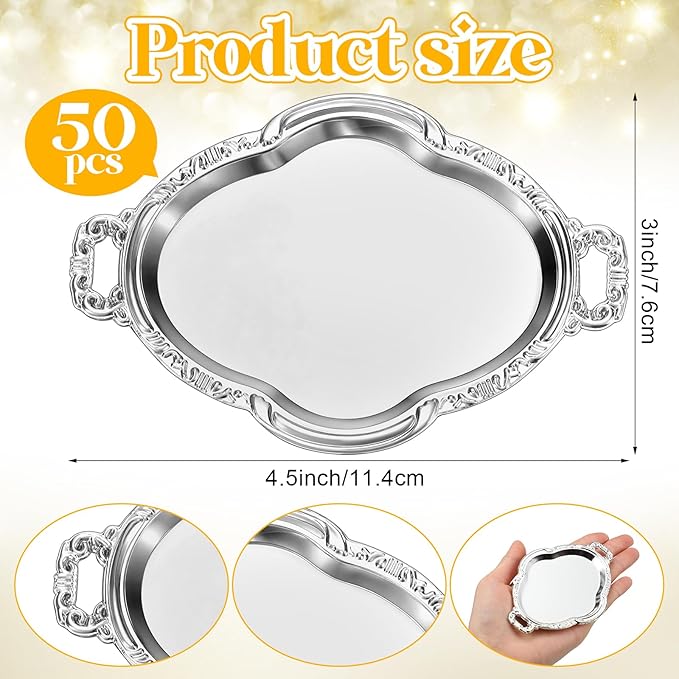 50 Pcs Oval Mini Baroque Dessert Display Tray Mini Elegant Plastic Serving Tray Small Cake Candy Plates for Weddings Party Bridal Baby Shower, Birthday, Candy Jars Decorations(Silver)