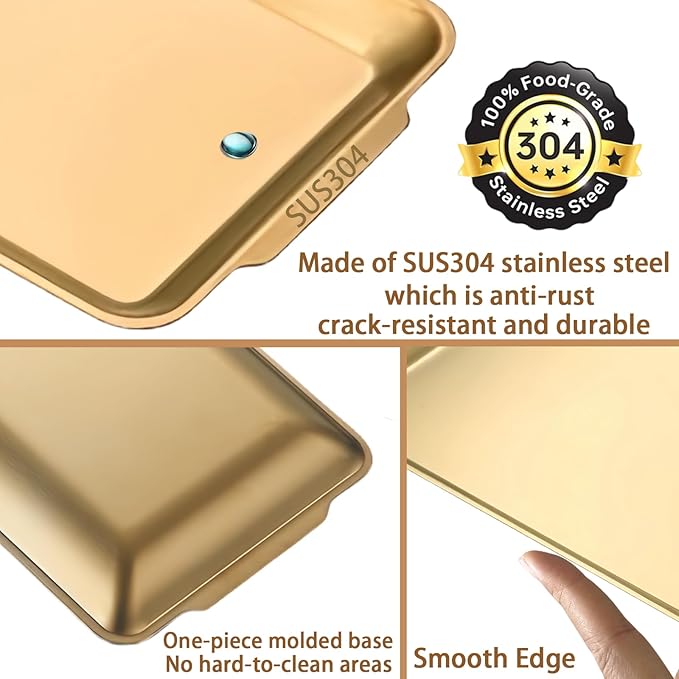 Gold Tray for Coffee Table, 304 Stainless Steel Serving Tray, 8.9" Vanity Organizer Tray for Camping, BBQ, Party, Buffet, Appetizer, Bathroom Supplies