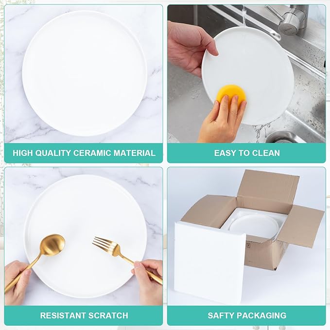 AntoKueh White Small Ceramic Plates Set of 4, 6 Inch Round Porcelain Appetizer Plate,Mini Dessert Plates with lipped Edge for Cake, Snack, Bread