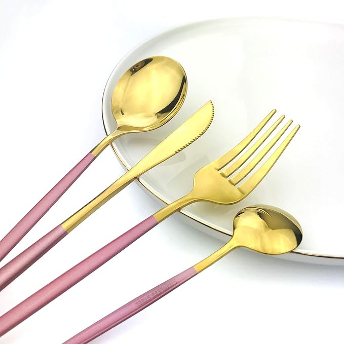 36-Pieces Silverware Mirror Polished Dinnerware Gold Flatware With Pink Handle, 18/0 Stainless Steel Cutlery Set For Home Kitchen Party Hotel Restaurant Wedding Service for 6