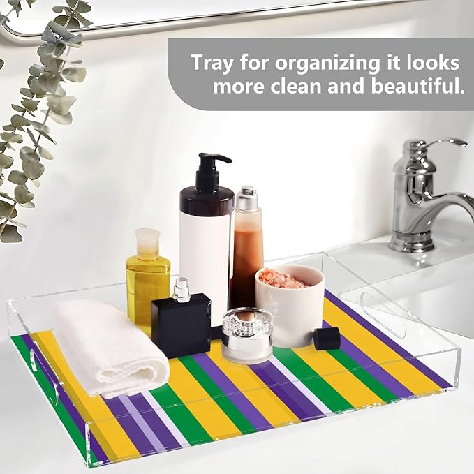 Serving Tray with Handles Clear Acrylic Tray 12x16 Inch Decorative Rectangular Tray Organizer for Ottoman Coffee Table Bathroom Mardi Gras Stripe Purple Yellow