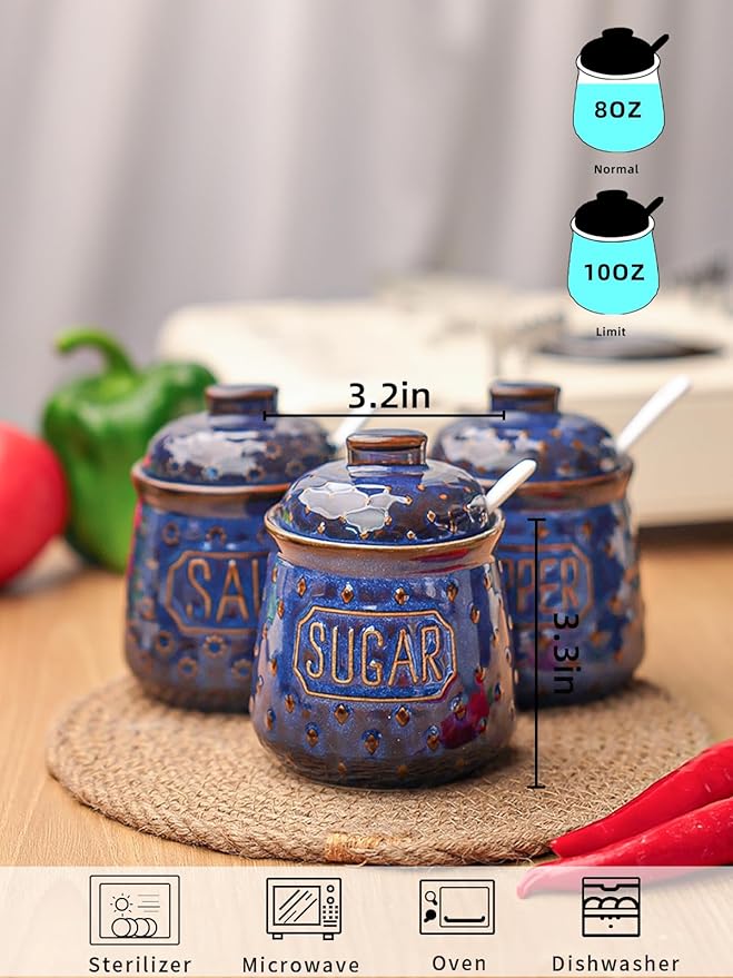 GDCZ 10 Oz Sugar Pepper and Salt Bowls with Lid and Spoon, Ceramics Seasoning Container, Seasoning Jar Spice Container for Kitchen,Dishwasher Safe, Set of 3 (Blue)