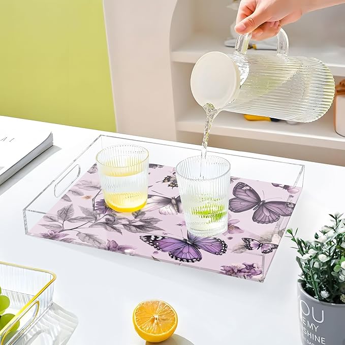 Serving Tray with Handles Clear Acrylic Tray 12x16 Inch Decorative Rectangular Tray Organizer for Ottoman Coffee Table Bathroom Pastel Purple Butterflies and Vintage Flowers