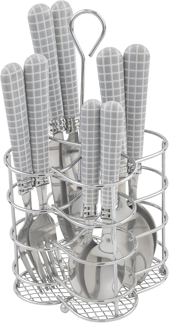French Home Bistro 16-Piece Stainless Steel Flatware Set — Dinner Cutlery Set — Silverware Set Dishwasher Safe — Spoon & Fork And Knife Set — Modern Silverware Set For 4 (Cool-Toned Gray & White)