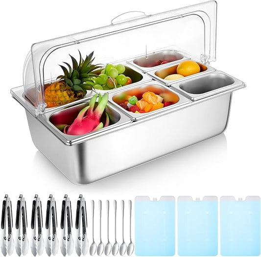Tessco for you 16 Pcs Ice Food Spice Serving Display Countertop Chilled Condiment Container Set with Lid, Stainless Steel Salad Cold Caddy for Buffet Restaurant Kitchen Party(7 Compartments)