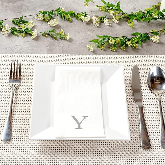 Luxenap 15.8 X 7.9 Inch Linen-Feel Guest Towels, 2000 Lettered Hand Towels - Silver Letter 'Y', Sans Serif Font, White Paper Dinner Napkins, airlaid, For Restrooms And Tables - Restaurantware