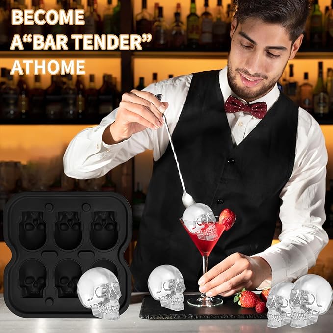 Skull Ice Cube Mold,JLMIH 6-Cavity Silicone Skull Ice Tray Fun Shapes for Halloween& Party Drinks,Whiskey, Cocktail, Bar,Easy Release & Dishwasher Safe