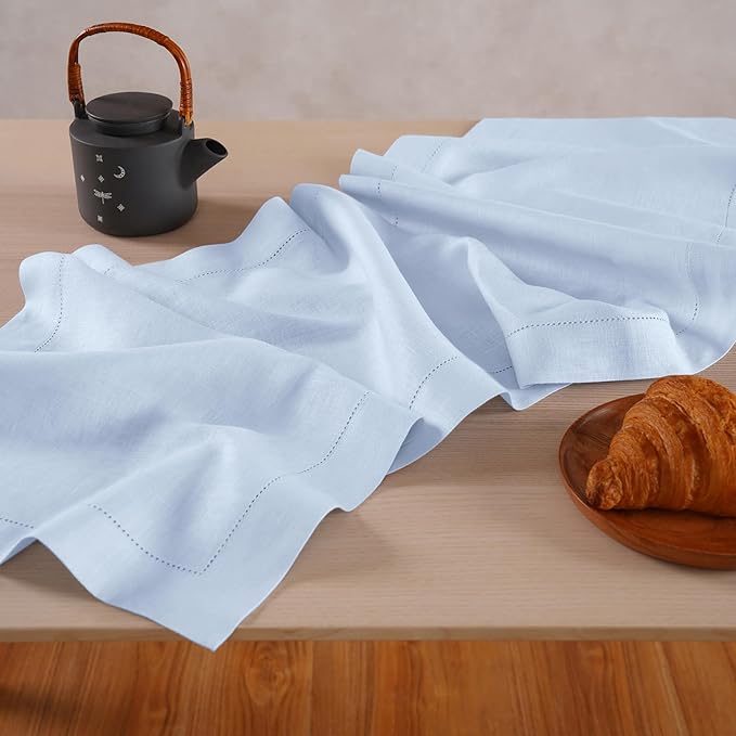 Home Ekaa Light Blue 100% Pure Linen Table Runner 72 inches – Hemstitch Coffee Table Runner 14x72 Inch Ideal for Dresser and Coffee Tables – Fall, Christmas, Winter, Holiday & New Year- Elara
