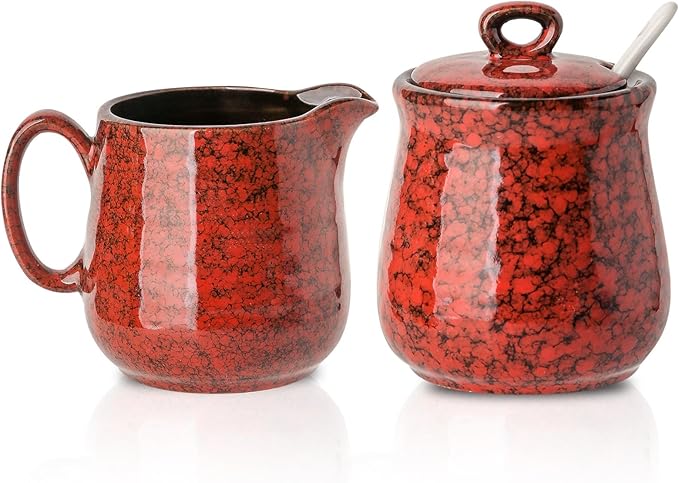 Hasense Ceramic Sugar and Creamer Set, 11 Ounce Sugar Bowl with Lid and Spoon, 10 Ounce Cream Pitcher, Red Coffee Serving Set for Gift, Dishwasher & Microwave Safe