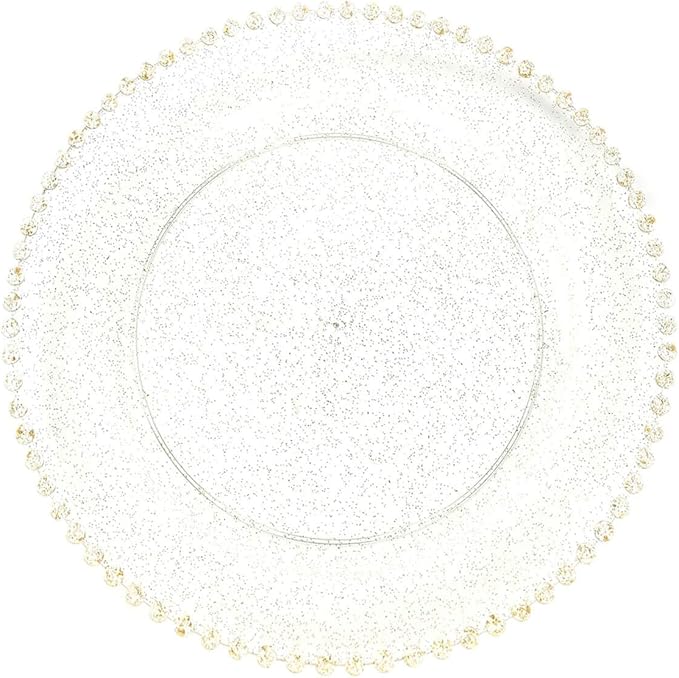Efavormart 10 Pack Plastic Dessert Appetizer Plates in Clear Gold Glittered with Beaded Rim, Disposable Round Salad Party Plates 8"