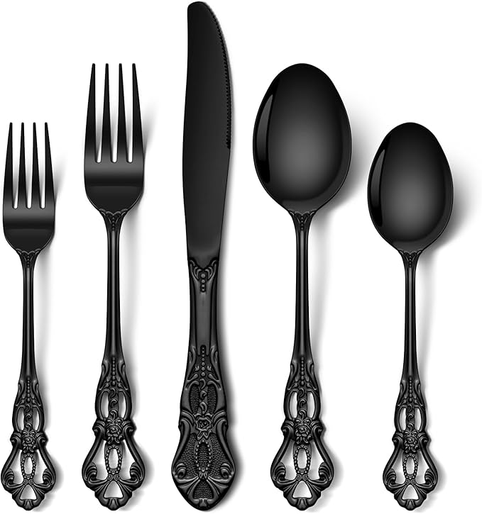 Stapava 60 Pcs Black Silverware Set, Gorgeous Retro Royal Silverware Set for 12, Stainless Steel Mirror Flatware Cutlery Set, Include Forks Spoons and Knives Set, Dishwasher Safe Utensils