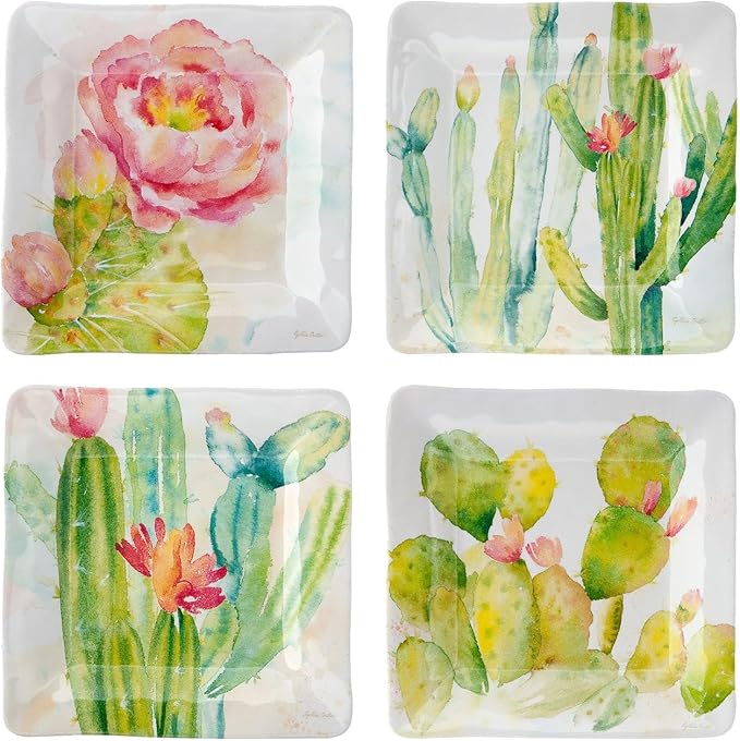 UP UPware Cactus Melamine Square Dessert Plates, Small Serving Plates, for Appetizer, Snacks, and Side Dishes, Multicolor, 6 Inch, Set of 4
