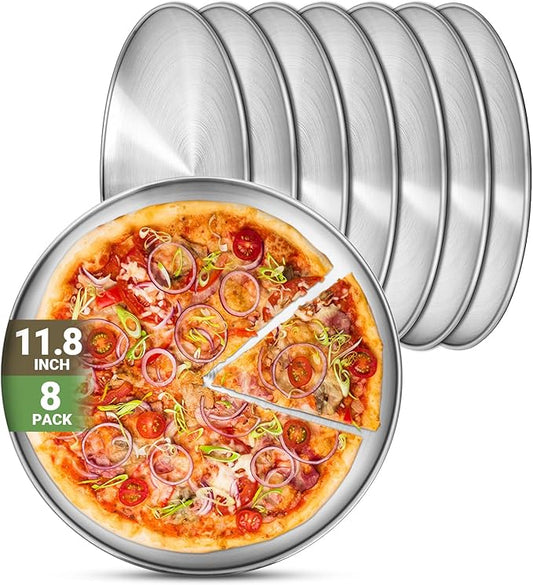 Stainless Steel Plates, 8 Pack 11.8 inch 304(18/8) Metal Food Serving Plate Set, Reusable Snack Eating Dishes Round Shatterproof Plate Silver BBQ Dinner Lunch Dinnerware Oven Dishwasher Safe