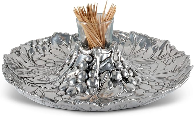 Arthur Court Aluminum Metal Grape Pattern Tidbit Cheese Hors d'oeuvres Tray with Glass for Toothpick - Entertaining Small Platter 10 inch Diameter x 2.25 inch Tall