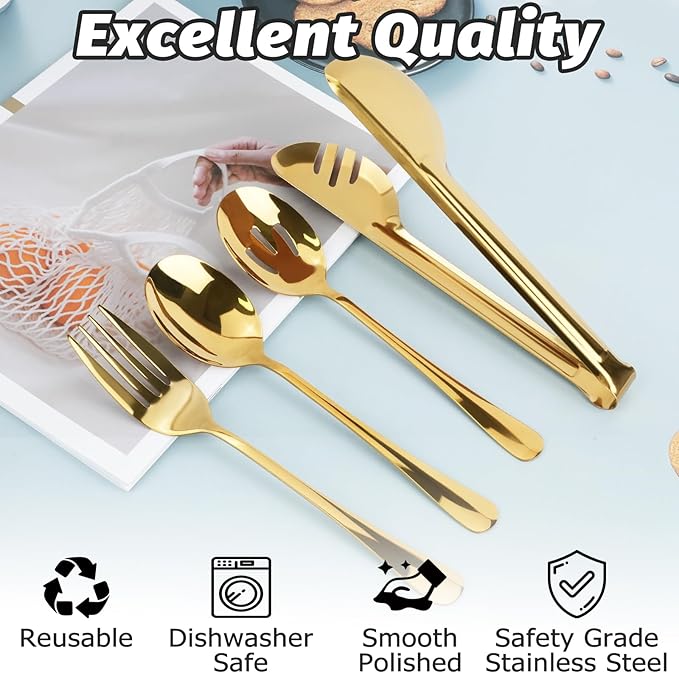 Serving Utensils for Buffet Set of 11, UOIXPUHUO large Stainless Steel Serving Spoon Slotted Spoon Serving Fork and Serving Tong for Catering Supplies Buffet Catering Banquet Party (Gold)