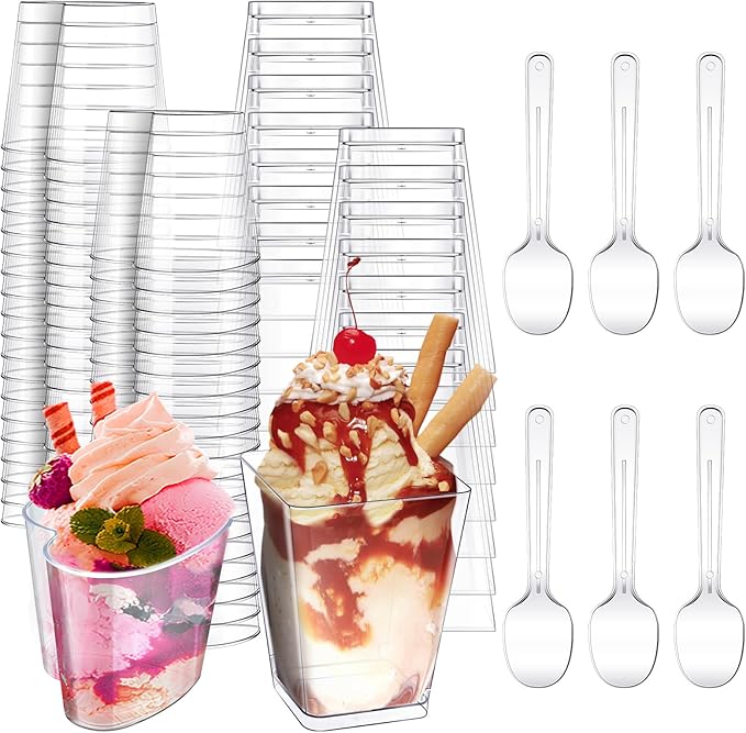 Funtery 300 Pack Mini Dessert Cups with Spoons Bulk Clear Plastic Slanted Round Parfait Appetizer Cup for Desserts Shooters(5oz,Square, Heart)