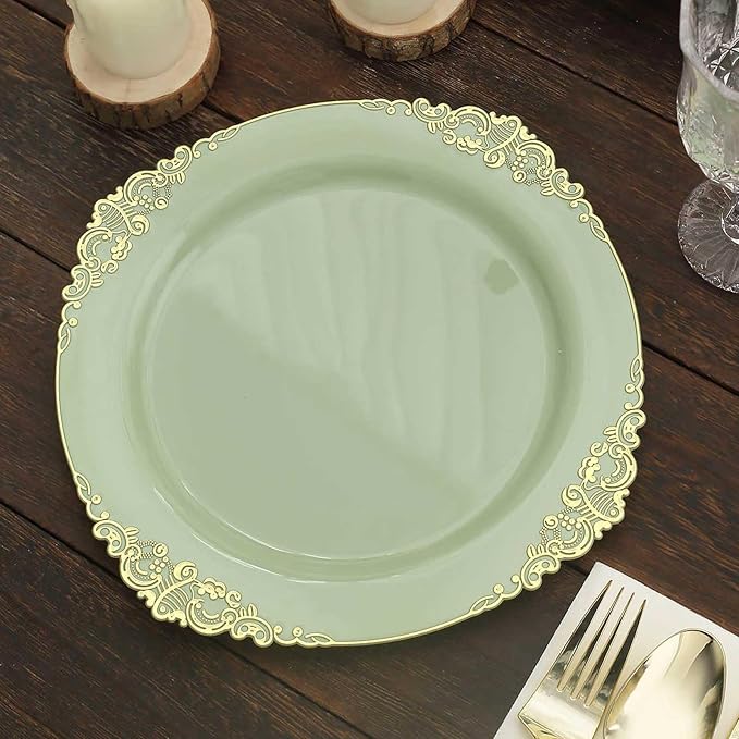 10" Dinner Plates -Set of 10 - Plastic Sage Green Round Baroque Disposable Chargers Leaf Embossed Rim, Ideal for Dinner Party Wedding Bulk Events
