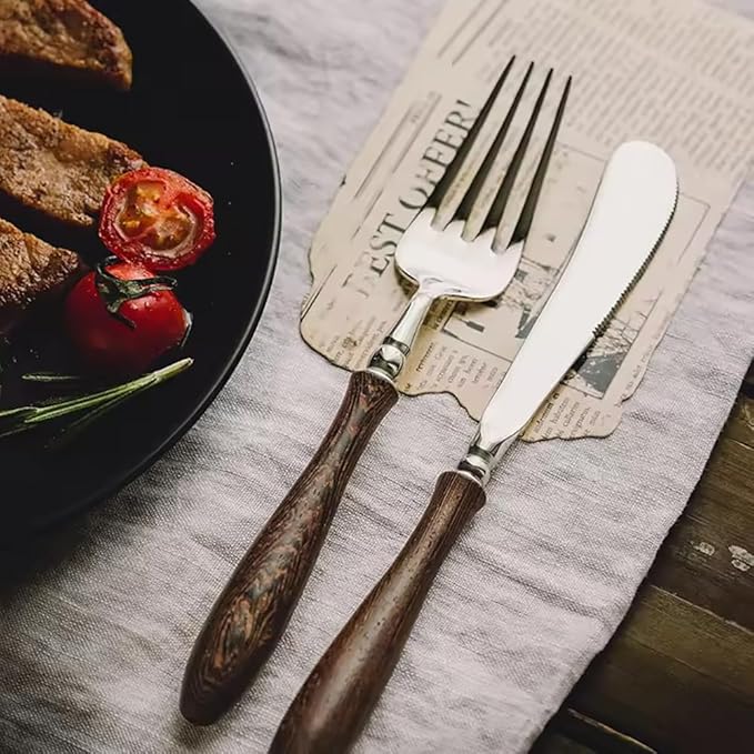 48-Piece Wenge Wooden Handle Flatware Set Silverware Set Stainless Steel Kitchen Utensils Spoons and Forks Set Mirror Polish, Hygienic and Safe, Ergonomic for Formal Occasions & Restaurant