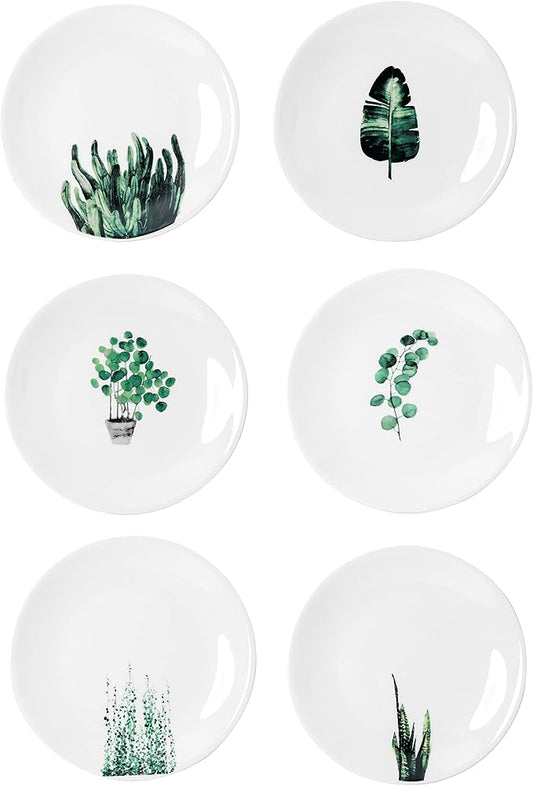 6 Inch Set of 6 Assorted Designs, Small Porcelain Plates with Plants Pattern,White Ceramic Dinnerware for Appetizer Luncheon Snacks Dessert Serving Bread, Microwave Oven Dishwasher Safe