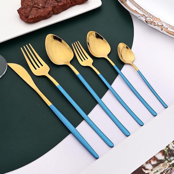 36pcs Silverware Set, 18/10 Stainless Steel Serving Flatware With Curved Handle For 6, Durable Eating Utensils For Home Entertaining, Mirror Polished (Blue Gold)