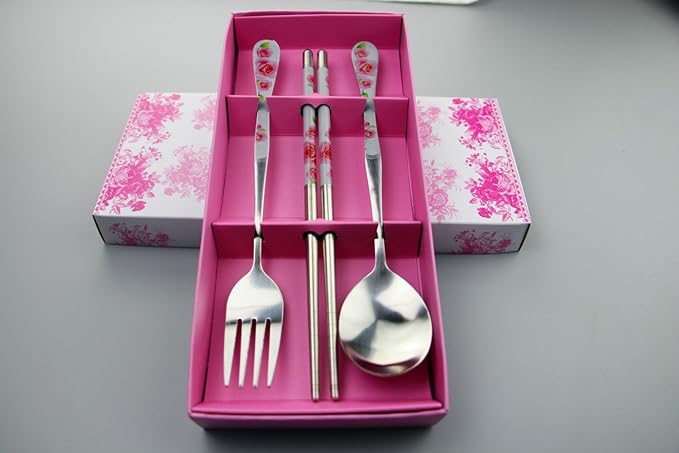 Stainless Steel Teaspoons Dinner Spoon Fork Chopsticks 3pcs Flatware Serving Sets，